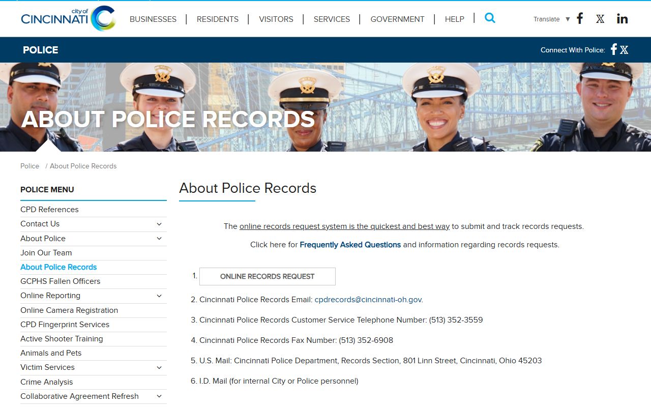 Cincinnati criminal records police request page