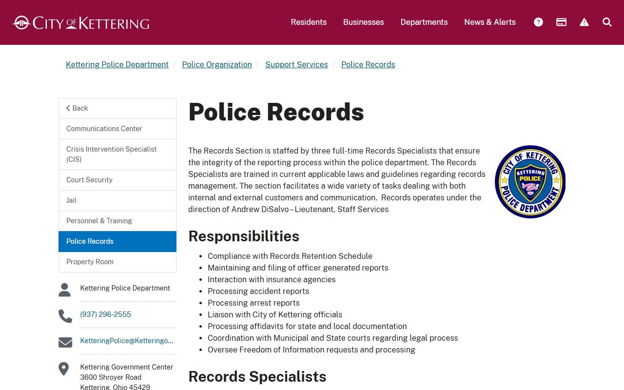 Kettering criminal records police department