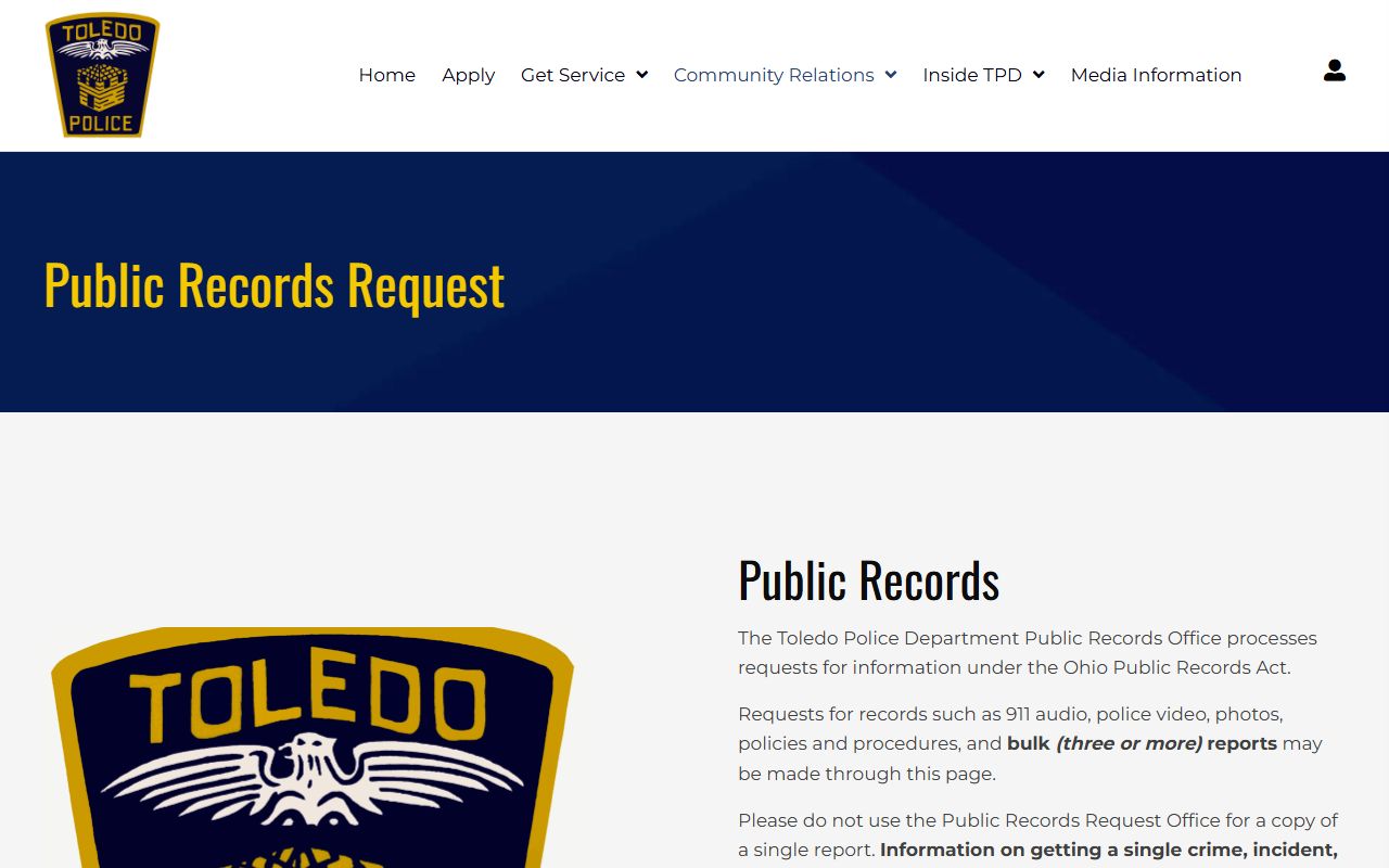 Toledo criminal records public records request page