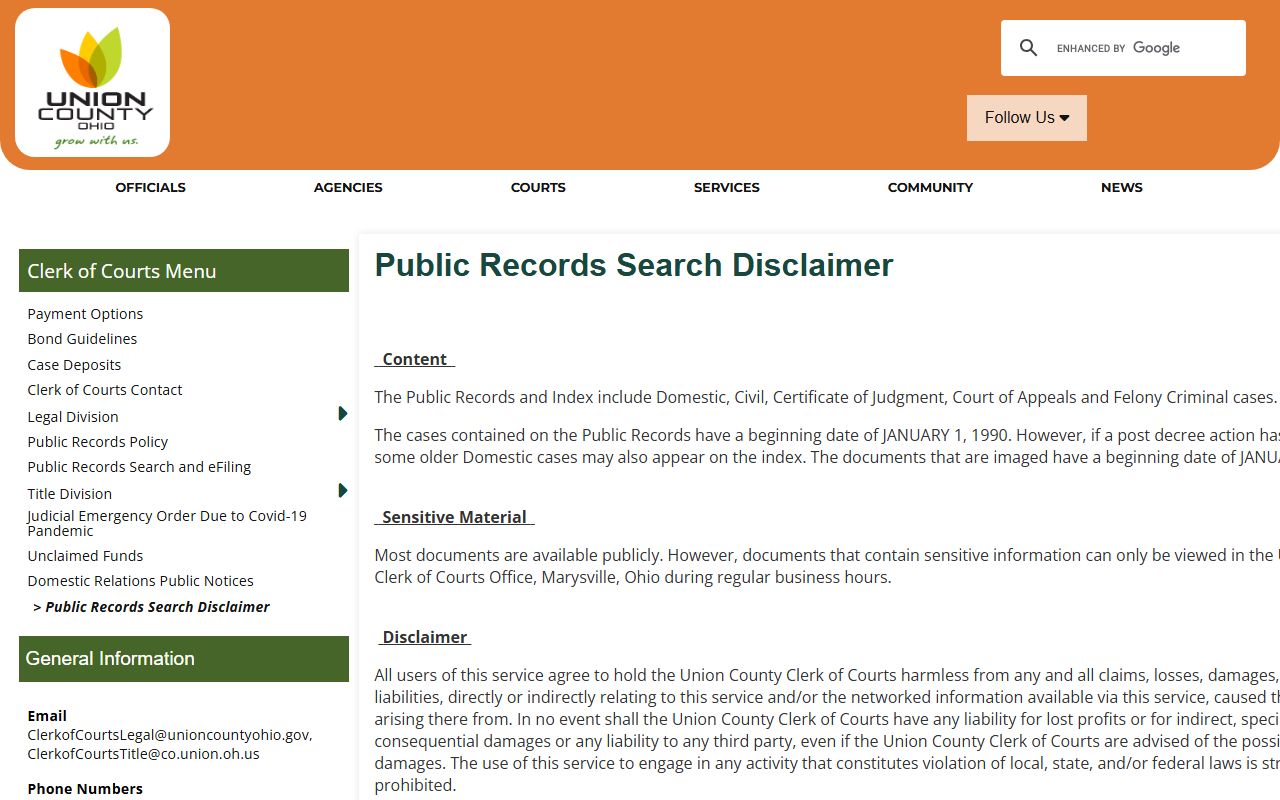 Union County criminal records clerk of courts search