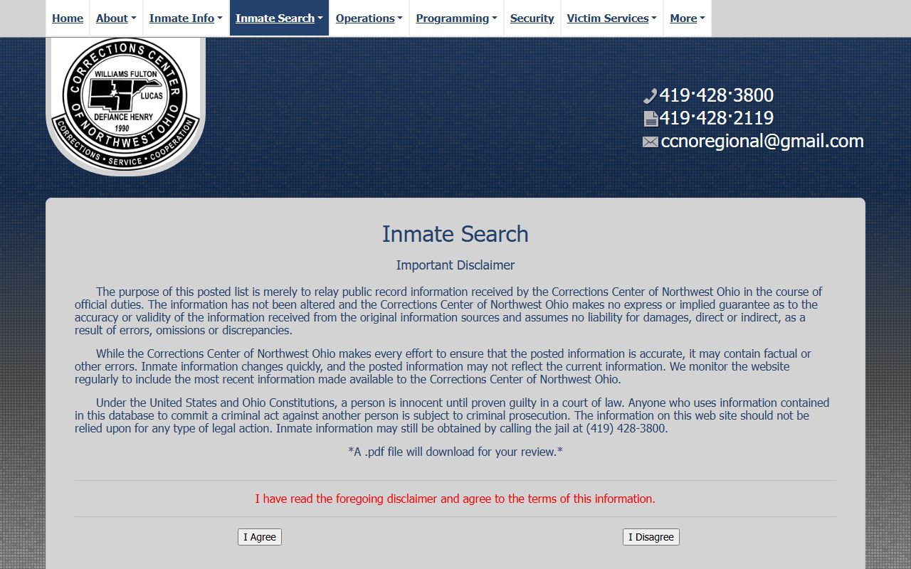 Williams County criminal records CCNO inmate search