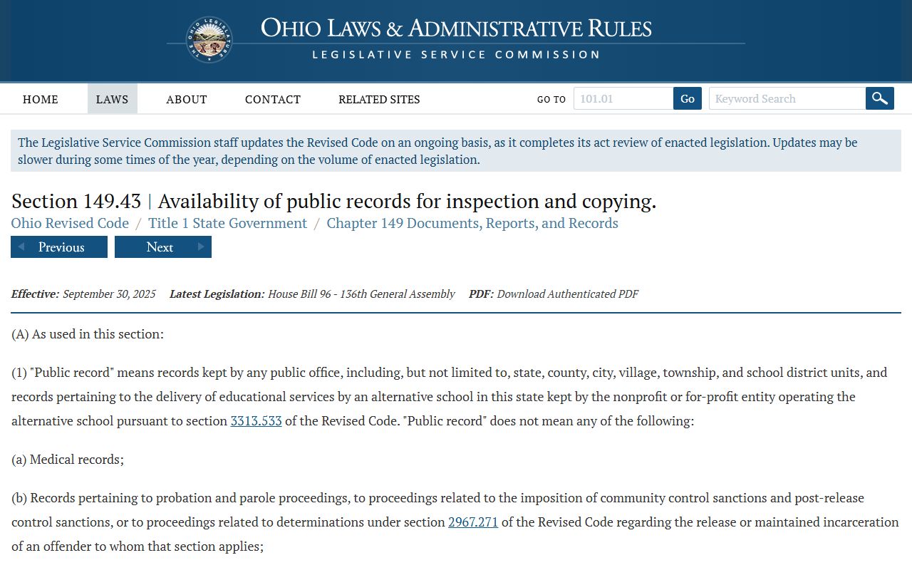 Ohio ORC 149.43 public records law for criminal records